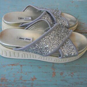 MIU MIU SILVER GLITTER SPARKLE CRISS-CROSS SLIP ON SANDALS COMFORT SZ 38 ITALY